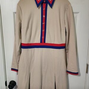 New York & Company Beige Long Sleeve Dress with Red and Blue Accents
